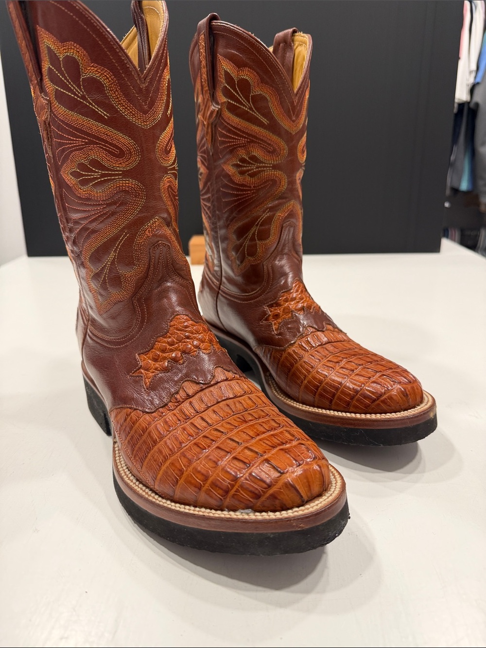 Men's Brown Exotic Leather Western Boots- Genuine Cayman Skin